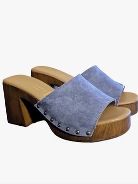 Blue Suede Open-Toe Block Heel Mules